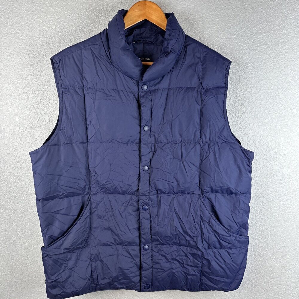 Lands End Mens Quilted Down Puffer Vest‎ L Large 42-44 Navy Blue Snap Front